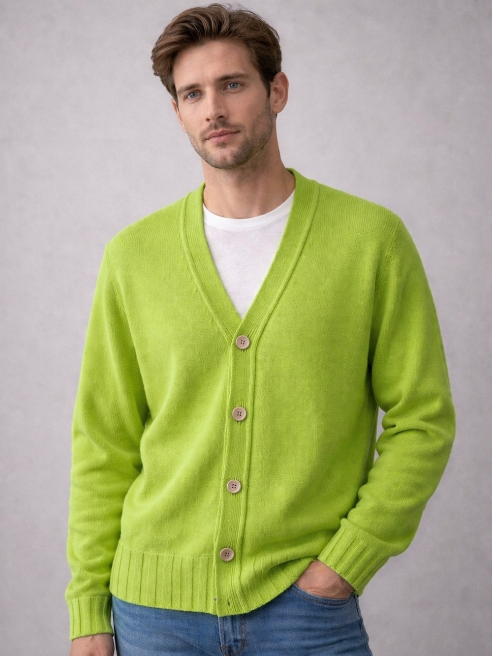 Lime Green V-Neck Button Cardigan Sweater Wool/Cashmere